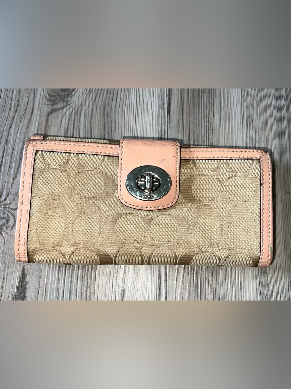 Coach Bifold Peach Pink Canvas Fabric Signature C Wallet Leather Trim Turn Lock